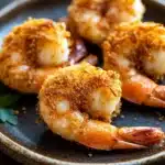 Air fryer shrimp cooking time - the image shows a plate of cooked shrimp on a dark wooden table. the shrimp are golden brown and appear to be seasoned with herbs and spices. they are arranged in a circular pattern on the plate, with some overlapping each other. the plate is garnished with a sprig of parsley. the background is blurred, but it appears to be a kitchen countertop.