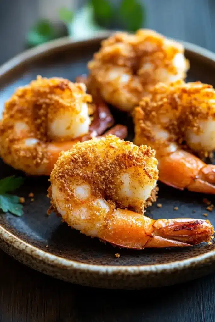 Air fryer shrimp cooking time - the image shows a plate of cooked shrimp on a dark wooden table. the shrimp are golden brown and appear to be seasoned with herbs and spices. they are arranged in a circular pattern on the plate, with some overlapping each other. the plate is garnished with a sprig of parsley. the background is blurred, but it appears to be a kitchen countertop.