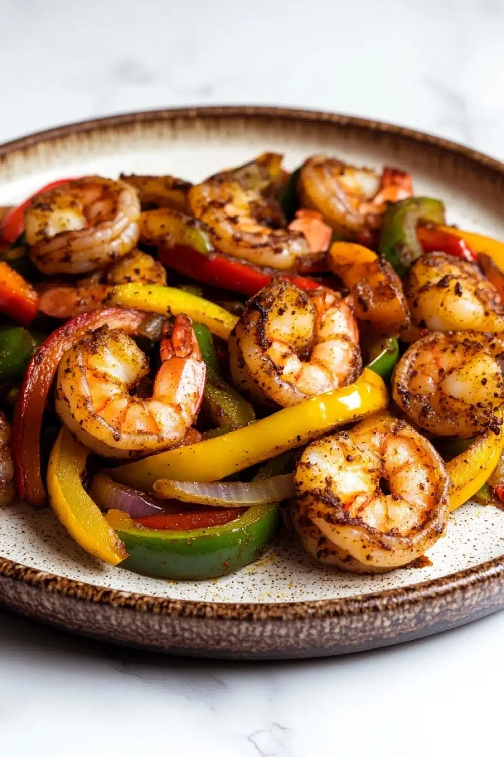 Air fryer shrimp fajitas - the image is a close-up of a plate of grilled shrimp and vegetables. the shrimp are cooked to a golden brown color and appear to be seasoned with herbs and spices. the vegetables are mixed in with the shrimp, including red, yellow, and green bell peppers. the plate is white with a brown rim and is sitting on a white marble countertop. the overall appearance of the dish is colorful and appetizing.