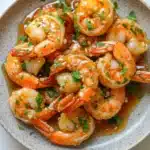 Air fryer shrimp honey garlic - the image shows a plate of cooked shrimp in a creamy sauce. the shrimp are orange in color and appear to be seasoned with herbs and spices. the sauce is a light brown color and is drizzled over the shrimp. the plate is white with a speckled pattern and is garnished with fresh parsley leaves. the background is a white marble countertop.