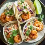Air fryer shrimp tacos with cabbage slaw - the image shows four tacos on a green plate. the tacos are arranged in a triangular formation, with the largest taco in the center and two smaller tacos on either side. each taco is filled with a colorful salad, including shredded cabbage, red cabbage slaw, and shrimp. the salad is garnished with fresh cilantro and a lime wedge. the plate is sitting on a wooden table.