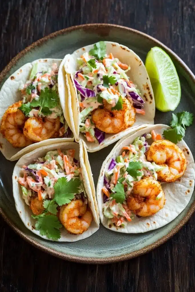 Air fryer shrimp tacos with cabbage slaw - the image shows four tacos on a green plate. the tacos are arranged in a triangular formation, with the largest taco in the center and two smaller tacos on either side. each taco is filled with a colorful salad, including shredded cabbage, red cabbage slaw, and shrimp. the salad is garnished with fresh cilantro and a lime wedge. the plate is sitting on a wooden table.