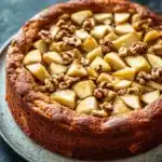 Apple cake from mix boxes - the image is of a round cake on a white plate. the cake appears to be freshly baked and has a golden brown crust on top. on top of the cake, there are sliced apples arranged in a circular pattern. the apples are cut into small cubes and are scattered randomly across the cake. the plate is sitting on a dark grey countertop. the background is blurred, making the cake the focal point of the image.