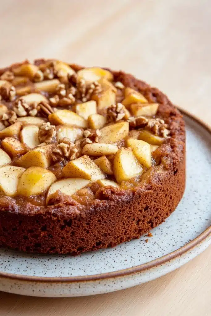 Apple cake no milk - the image is of a round cake on a blue and white plate. the cake appears to be a chocolate cake with a golden brown crust and a layer of caramelized apples on top. the apples are arranged in a circular pattern on the top of the cake, with some of them overlapping each other. there are also some chopped nuts scattered throughout the cake. the plate is sitting on a wooden table.