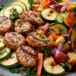 Apple chicken sausage and harvest vegetable skillet - the image is a close-up of a plate of food. the plate is round and has a light blue rim. on the plate, there are several pieces of grilled meat, which appear to be pork chops, arranged in a circular pattern. the meat is golden brown and looks crispy on the outside. next to the meat, there is a bed of sliced zucchini, carrots, and red bell peppers. the vegetables are mixed in with the meat and are garnished with chopped parsley. the dish is served on a wooden table.