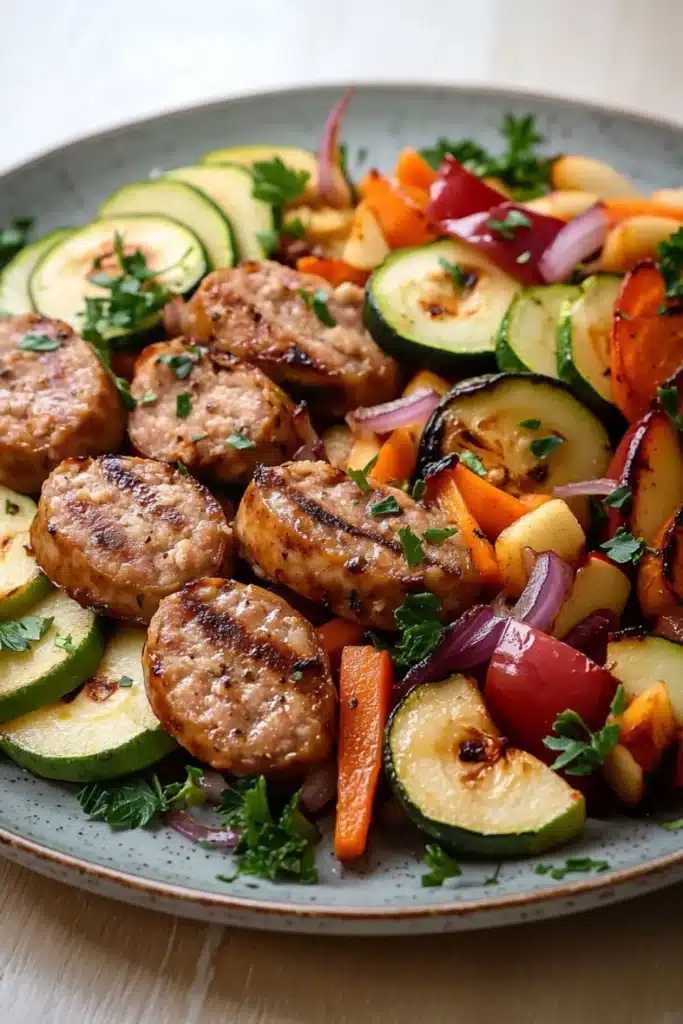 Apple chicken sausage and harvest vegetable skillet - the image is a close-up of a plate of food. the plate is round and has a light blue rim. on the plate, there are several pieces of grilled meat, which appear to be pork chops, arranged in a circular pattern. the meat is golden brown and looks crispy on the outside. next to the meat, there is a bed of sliced zucchini, carrots, and red bell peppers. the vegetables are mixed in with the meat and are garnished with chopped parsley. the dish is served on a wooden table.