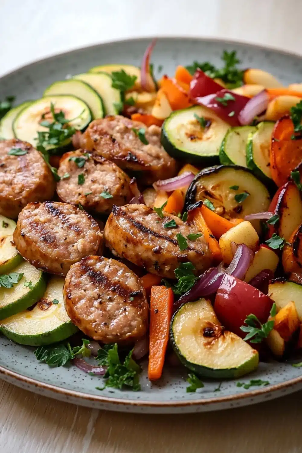 Apple chicken sausage and harvest vegetable skillet - the image is a close-up of a plate of food. the plate is round and has a light blue rim. on the plate, there are several pieces of grilled meat, which appear to be pork chops, arranged in a circular pattern. the meat is golden brown and looks crispy on the outside. next to the meat, there is a bed of sliced zucchini, carrots, and red bell peppers. the vegetables are mixed in with the meat and are garnished with chopped parsley. the dish is served on a wooden table.