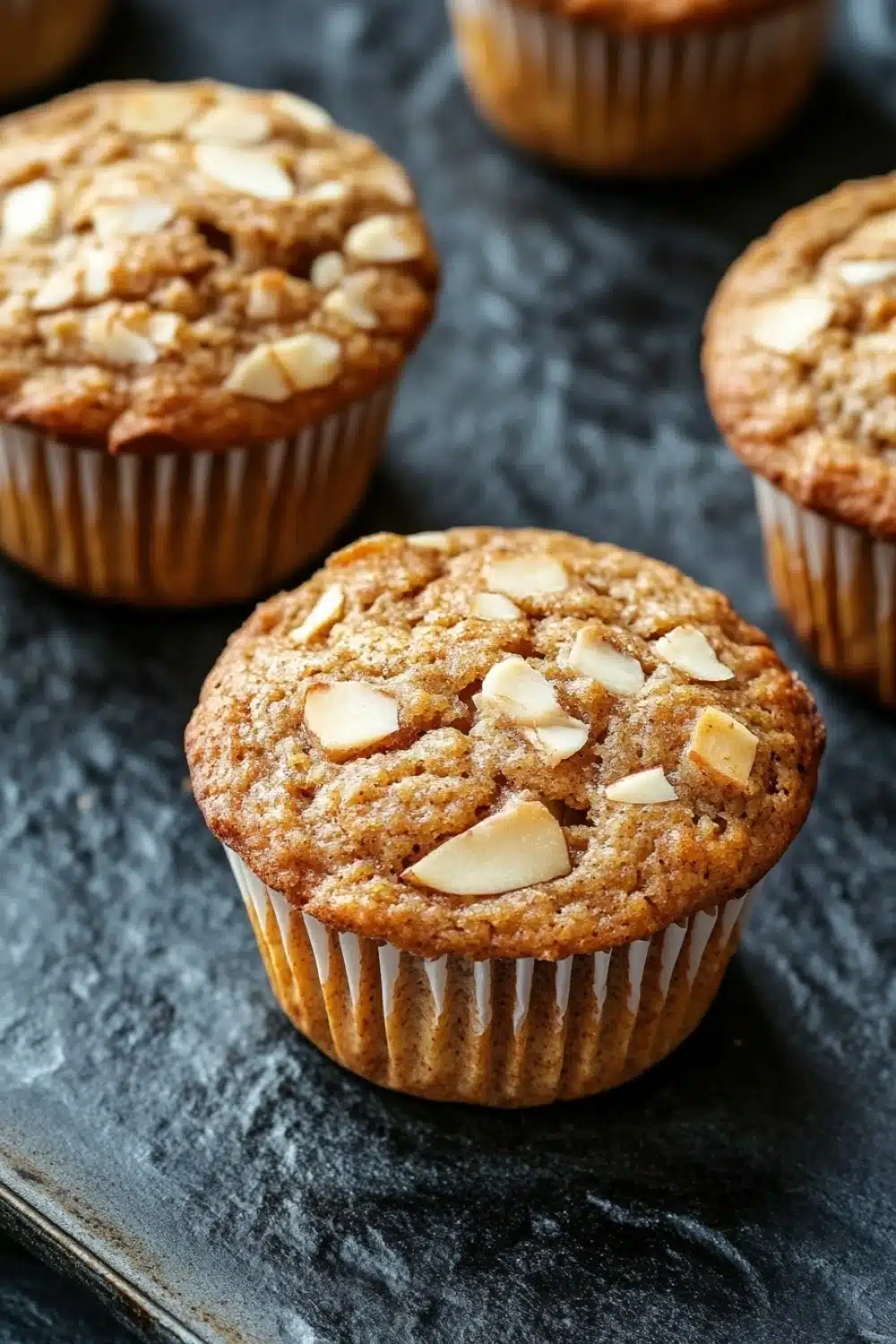 Apple muffin with almond flour - the image shows a group of freshly baked muffins on a black slate surface. the muffins are golden brown in color and have a crumbly texture. they are topped with sliced almonds, giving them a crunchy appearance. the tray they are on is lined with parchment paper, and the background is blurred, making the muffins the focal point of the image.