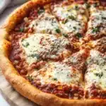 At home deep dish pizza - the image is of a freshly baked pizza on a wooden cutting board. the pizza has a golden brown crust and is topped with melted cheese, red sauce, and various toppings such as pepperoni, mushrooms, and herbs. the toppings are arranged in a circular pattern on top of the pizza, with some overlapping each other. the cutting board is placed on a white countertop with a gray and white striped napkin on the side. the background is blurred, but it appears to be a kitchen countertop.