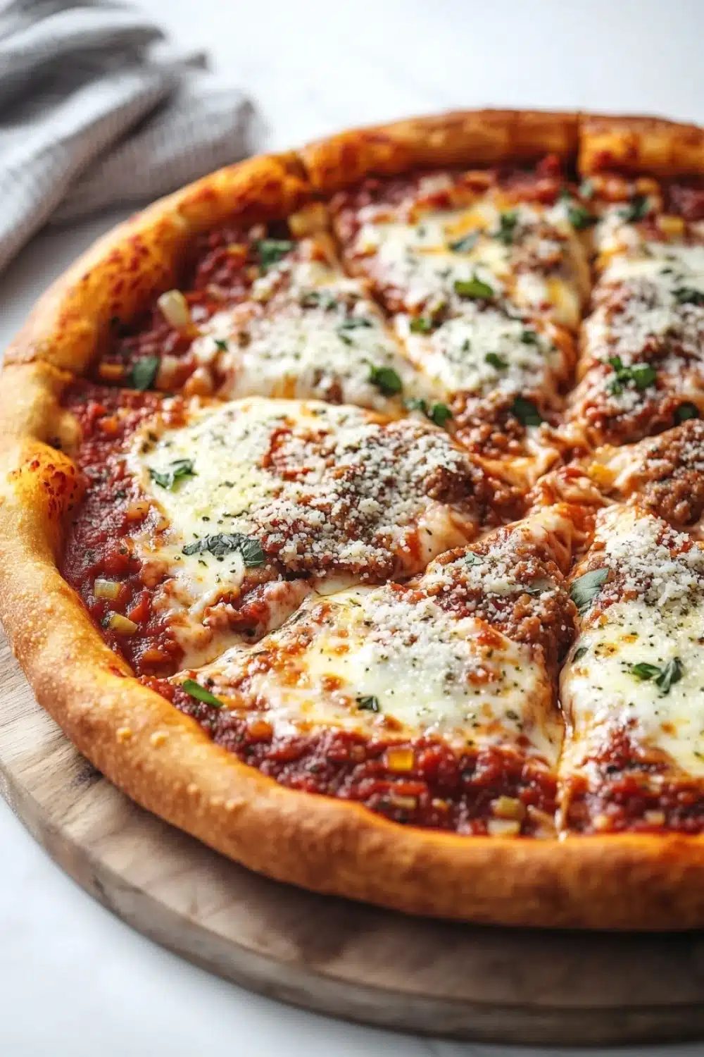 At home deep dish pizza - the image is of a freshly baked pizza on a wooden cutting board. the pizza has a golden brown crust and is topped with melted cheese, red sauce, and various toppings such as pepperoni, mushrooms, and herbs. the toppings are arranged in a circular pattern on top of the pizza, with some overlapping each other. the cutting board is placed on a white countertop with a gray and white striped napkin on the side. the background is blurred, but it appears to be a kitchen countertop.
