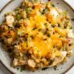 Baked chicken casserole with stuffing - the image is a close-up of a dish in a round ceramic bowl. the dish appears to be a casserole or stuffing, with chunks of chicken and vegetables mixed in. the chicken is covered in a layer of melted cheese, which is a bright yellow color, and is drizzled over the top. there are also small pieces of green onions scattered throughout the dish, adding a pop of color. the bowl is sitting on a white marble countertop, and there are a few sprigs of parsley scattered around it.