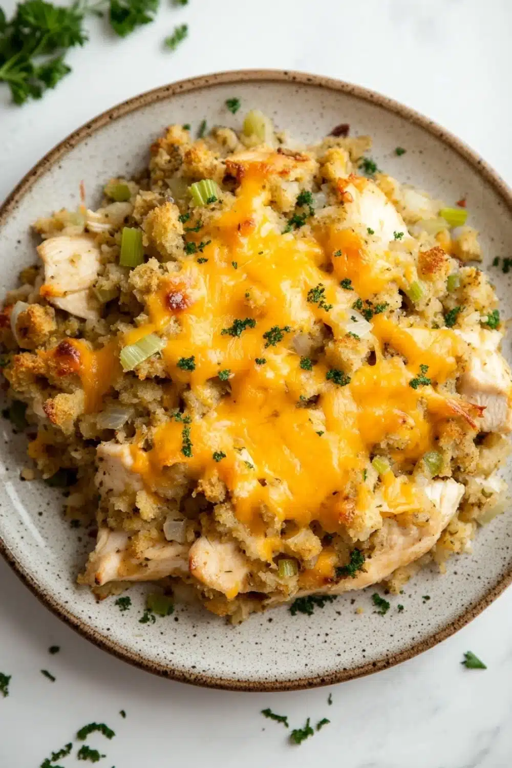 Baked chicken casserole with stuffing - the image is a close-up of a dish in a round ceramic bowl. the dish appears to be a casserole or stuffing, with chunks of chicken and vegetables mixed in. the chicken is covered in a layer of melted cheese, which is a bright yellow color, and is drizzled over the top. there are also small pieces of green onions scattered throughout the dish, adding a pop of color. the bowl is sitting on a white marble countertop, and there are a few sprigs of parsley scattered around it.