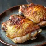 Baked chicken thighs bone in oven - the image shows two pieces of cooked chicken breasts on a brown plate. the chicken breasts are golden brown and appear to be seasoned with herbs and spices. the plate is sitting on a dark wooden table with a rustic background. the focus of the image is on the chicken breasts, which are arranged in a single layer on the plate.