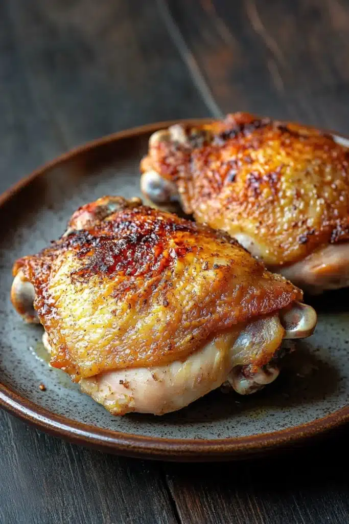 Baked chicken thighs bone in oven - the image shows two pieces of cooked chicken breasts on a brown plate. the chicken breasts are golden brown and appear to be seasoned with herbs and spices. the plate is sitting on a dark wooden table with a rustic background. the focus of the image is on the chicken breasts, which are arranged in a single layer on the plate.