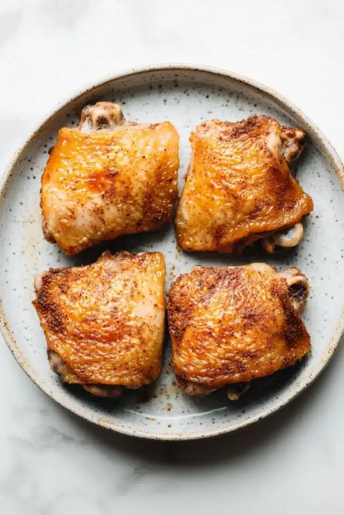 Baked chicken thighs dry rub - the image shows four pieces of grilled chicken on a white marble countertop. the chicken is golden brown and appears to be seasoned with herbs and spices. the pieces are arranged in a circular pattern on the plate, with each piece slightly overlapping the one below it. the plate is round and has a light blue rim. the background is blurred, making the chicken the focal point of the image.