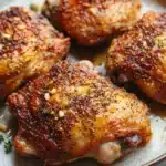 Baked chicken thighs mustard - the image shows a plate of four pieces of chicken drumsticks. the drumsticks are golden brown and appear to be seasoned with sesame seeds and herbs. they are arranged in a circular pattern on the plate, with some overlapping each other. the plate is white and has a textured surface. the background is blurred, but it appears to be a kitchen countertop.