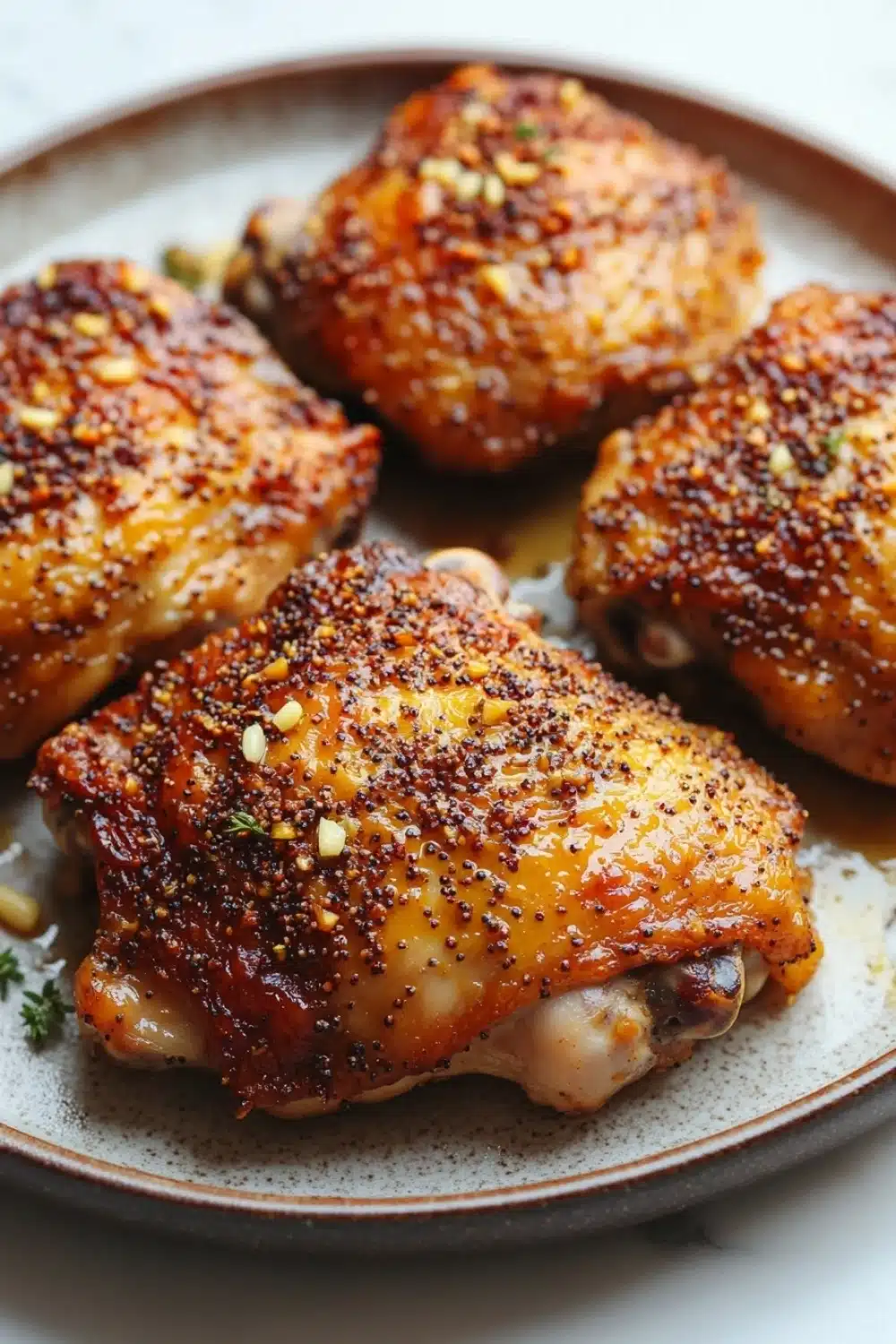 Baked chicken thighs mustard - the image shows a plate of four pieces of chicken drumsticks. the drumsticks are golden brown and appear to be seasoned with sesame seeds and herbs. they are arranged in a circular pattern on the plate, with some overlapping each other. the plate is white and has a textured surface. the background is blurred, but it appears to be a kitchen countertop.