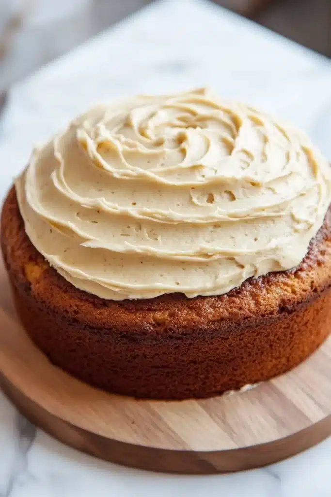 Banana bread birthday cake - the image is of a round cake on a wooden cake stand. the cake appears to be a carrot cake with a golden brown crust. on top of the cake, there is a generous layer of cream cheese frosting that is swirled in a spiral pattern. the frosting is a light beige color and has a smooth texture. the stand is placed on a white marble countertop.