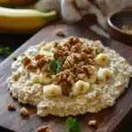 Banana bread oats - the image shows a wooden cutting board with a bowl of oatmeal on it. the oatmeal is topped with sliced bananas and chopped nuts. there are also a few sprigs of parsley scattered around the board. in the background, there are two bananas and a white cloth napkin. the cutting board is placed on a dark wooden table.