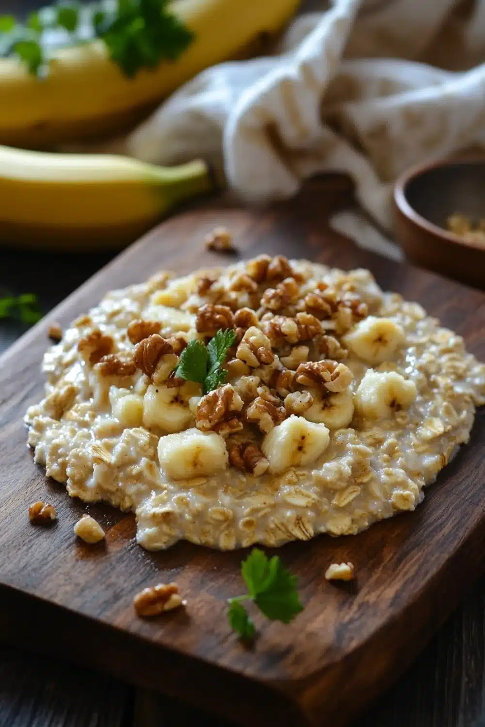 Banana bread oats - the image shows a wooden cutting board with a bowl of oatmeal on it. the oatmeal is topped with sliced bananas and chopped nuts. there are also a few sprigs of parsley scattered around the board. in the background, there are two bananas and a white cloth napkin. the cutting board is placed on a dark wooden table.