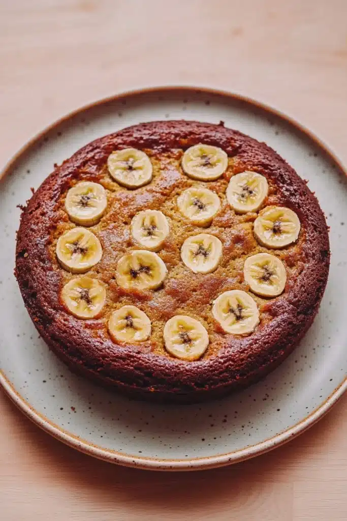 Banana cake allrecipes - the image is of a round cake on a white plate with a light blue rim. the cake appears to be a chocolate cake with a golden brown crust and is topped with sliced bananas arranged in a circular pattern. the bananas are evenly spaced and appear to be freshly baked. the plate is sitting on a wooden table with a beige background.