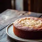 Banana cake made with cake mix - the image shows a round cake on a white plate on a wooden table. the cake appears to be freshly baked and has a golden brown crust on top. the background is blurred, but it seems to be a rustic wooden table with a window on the right side. the lighting is soft and warm, creating a cozy atmosphere. the overall mood of the image is warm and inviting.