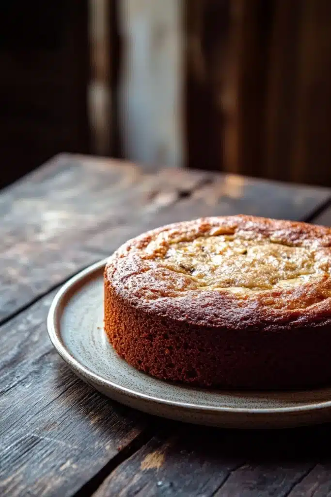 Banana cake made with cake mix - the image shows a round cake on a white plate on a wooden table. the cake appears to be freshly baked and has a golden brown crust on top. the background is blurred, but it seems to be a rustic wooden table with a window on the right side. the lighting is soft and warm, creating a cozy atmosphere. the overall mood of the image is warm and inviting.