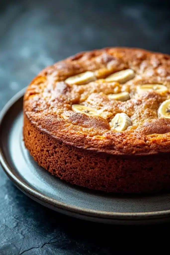 Banana cake no buttermilk - the image is a close-up of a round cake on a gray plate. the cake appears to be freshly baked and has a golden brown crust on top. on top of the cake, there are small pieces of sliced bananas arranged in a circular pattern. the bananas are evenly spaced and appear to be ripe and juicy. the plate is placed on a dark, textured surface, possibly a table or countertop. the background is blurred, making the cake the focal point of the image.