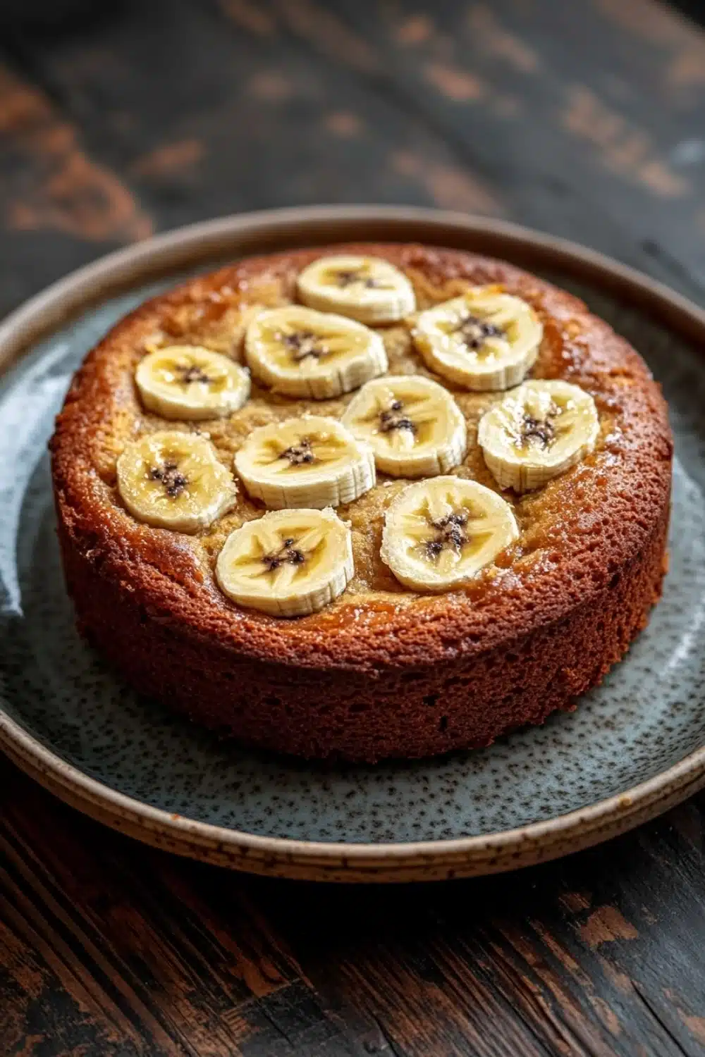 Banana cake snap - the image is of a round cake on a blue plate. the cake appears to be a chocolate cake with a golden brown crust. on top of the cake, there are sliced bananas arranged in a circular pattern. the bananas are yellow and appear to be freshly baked. the plate is sitting on a wooden table with a rustic background. the overall mood of the image is warm and inviting.