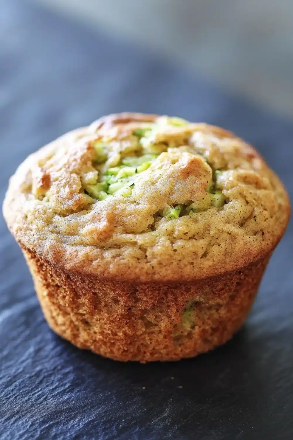 Banana muffin with applesauce and zucchini - the image is a close-up of a freshly baked muffin on a black slate surface. the muffin appears to be golden brown in color and has a crumbly texture. on top of the muffin, there is a layer of green zucchini, which is visible through the crumbs. the zucchinis are arranged in a circular pattern, with some overlapping each other. the background is blurred, making the muffins the focal point of the image.
