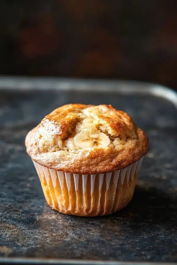 Banana muffin without egg - the image is a close-up of a freshly baked banana muffin on a black baking tray. the muffin is golden brown in color and has a crumbly texture. it is topped with a generous amount of powdered sugar, giving it a shiny appearance. in the center of the muffin, there is a slice of banana that has been cut in half, revealing the soft, fluffy interior. the background is blurred, making the muffins the focal point of the image.