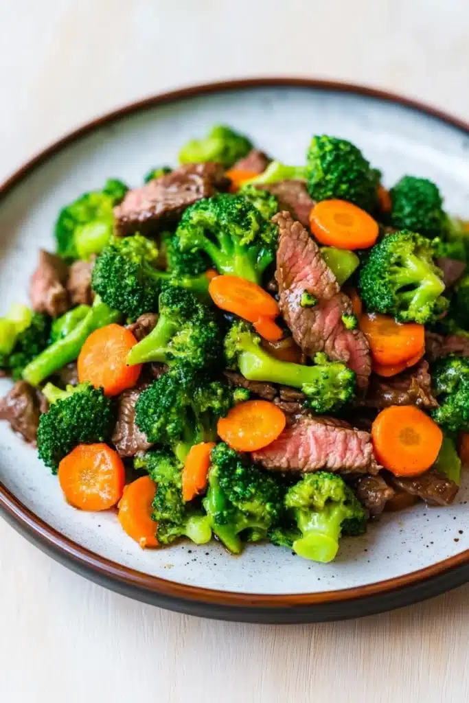 Beef and broccoli stir fry with carrots - the image is a close-up of a plate of stir-fry with beef and broccoli. the beef is cooked medium-rare and appears to be seasoned with herbs and spices. the broccoli is bright green and looks fresh and healthy. there are also small pieces of orange carrots scattered throughout the dish. the plate is white with a brown rim and is sitting on a white tablecloth.