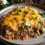 Beef casserole with ground beef and keto - the image shows a slice of casserole on a brown plate. the dish appears to be made with ground beef, vegetables, and cheese. the top of the dish is covered in melted cheese and garnished with chopped parsley. the plate is sitting on a wooden table with a few croutons scattered around it. the background is blurred, but it seems to be a rustic kitchen countertop.