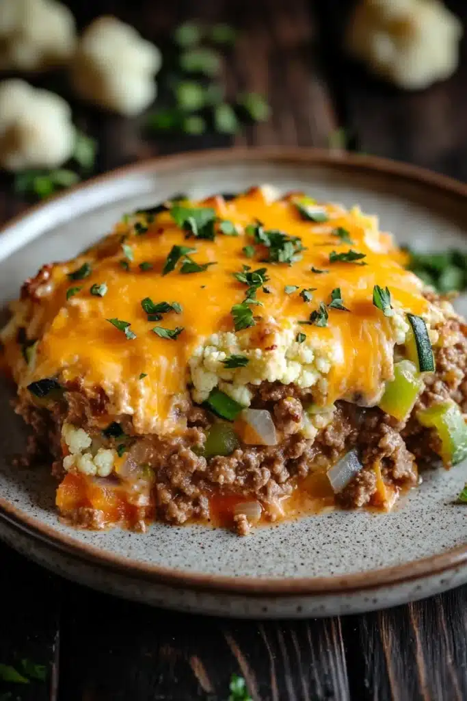Beef casserole with ground beef and keto - the image shows a slice of casserole on a brown plate. the dish appears to be made with ground beef, vegetables, and cheese. the top of the dish is covered in melted cheese and garnished with chopped parsley. the plate is sitting on a wooden table with a few croutons scattered around it. the background is blurred, but it seems to be a rustic kitchen countertop.