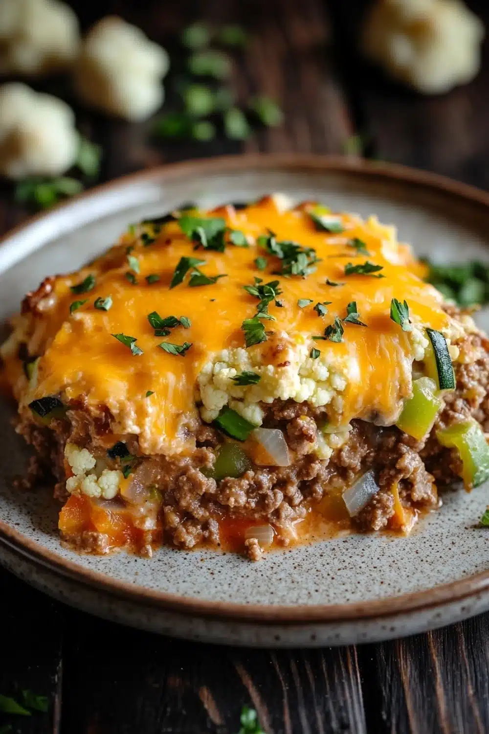 Beef casserole with ground beef and keto - the image shows a slice of casserole on a brown plate. the dish appears to be made with ground beef, vegetables, and cheese. the top of the dish is covered in melted cheese and garnished with chopped parsley. the plate is sitting on a wooden table with a few croutons scattered around it. the background is blurred, but it seems to be a rustic kitchen countertop.