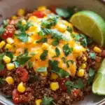 Beef quinoa taco skillet - the image is a close-up of a bowl of food. the bowl is made of brown ceramic and is placed on a wooden table. the food appears to be a quinoa salad with diced corn, red bell peppers, and cilantro. on top of the quinoa, there is a layer of melted cheese. there are two lime wedges on the side of the bowl. the background is blurred, but it seems to be an outdoor setting with greenery.