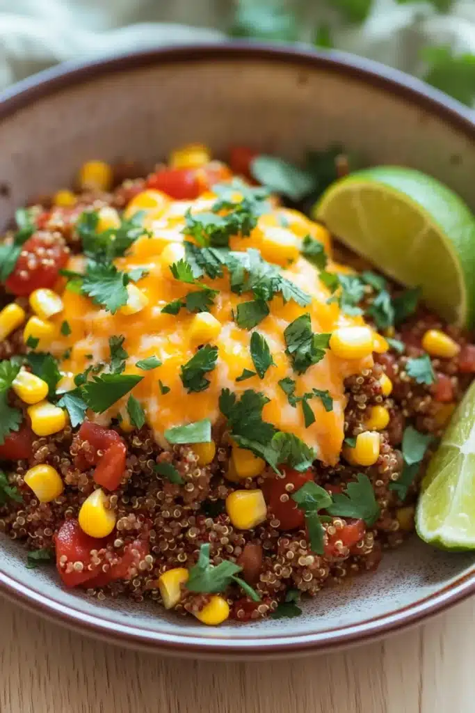Beef quinoa taco skillet - the image is a close-up of a bowl of food. the bowl is made of brown ceramic and is placed on a wooden table. the food appears to be a quinoa salad with diced corn, red bell peppers, and cilantro. on top of the quinoa, there is a layer of melted cheese. there are two lime wedges on the side of the bowl. the background is blurred, but it seems to be an outdoor setting with greenery.