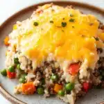 Beef rice veggie casserole - the image shows a plate of food, specifically a casserole dish. the dish appears to be made with ground beef, rice, and vegetables. the top of the dish is covered in a layer of melted cheese, which is a bright yellow color. the cheese is spread evenly over the top, covering the entire dish. there are also small pieces of green peas scattered throughout the dish, adding a pop of color to the plate. the plate is brown and has a speckled pattern around the edges. the background is white, making the dish stand out.