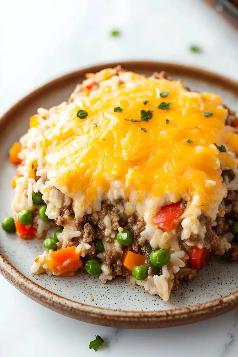 Beef rice veggie casserole - the image shows a plate of food, specifically a casserole dish. the dish appears to be made with ground beef, rice, and vegetables. the top of the dish is covered in a layer of melted cheese, which is a bright yellow color. the cheese is spread evenly over the top, covering the entire dish. there are also small pieces of green peas scattered throughout the dish, adding a pop of color to the plate. the plate is brown and has a speckled pattern around the edges. the background is white, making the dish stand out.