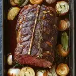 Beef roast crockpot slow cooker au jus - the image shows a rectangular baking dish with a large piece of cooked meat in it. the meat appears to be a roast beef, with a dark brown color and a crispy texture. it is garnished with fresh herbs and sliced onions. the dish is served in a dark sauce, which is thick and thick, and there are also some leaves scattered around the dish. the background is a dark grey countertop.