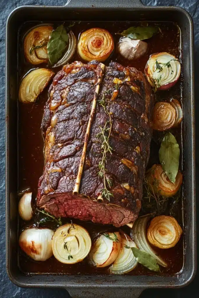Beef roast crockpot slow cooker au jus - the image shows a rectangular baking dish with a large piece of cooked meat in it. the meat appears to be a roast beef, with a dark brown color and a crispy texture. it is garnished with fresh herbs and sliced onions. the dish is served in a dark sauce, which is thick and thick, and there are also some leaves scattered around the dish. the background is a dark grey countertop.