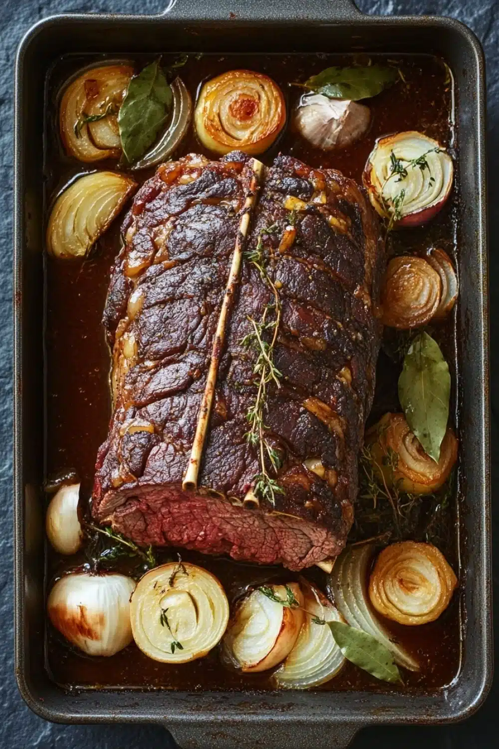 Beef roast crockpot slow cooker au jus - the image shows a rectangular baking dish with a large piece of cooked meat in it. the meat appears to be a roast beef, with a dark brown color and a crispy texture. it is garnished with fresh herbs and sliced onions. the dish is served in a dark sauce, which is thick and thick, and there are also some leaves scattered around the dish. the background is a dark grey countertop.