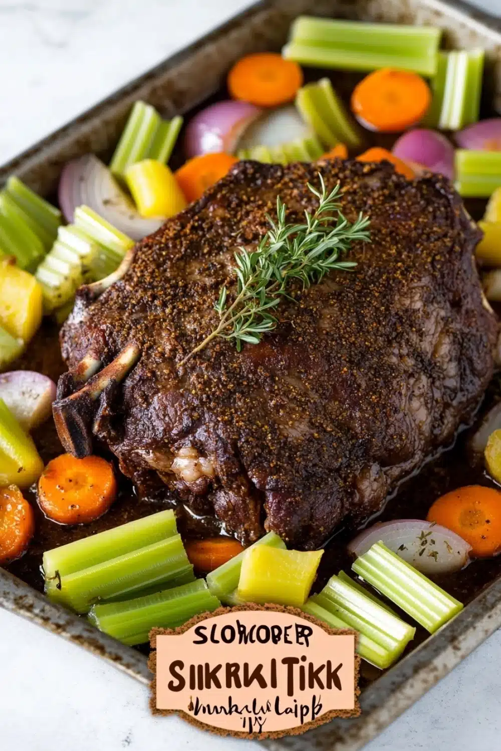 Beef sirloin tip roast slow cooker - the image shows a large piece of cooked meat, possibly a rack of lamb, on a baking tray. the meat appears to be seasoned with herbs and spices, and is garnished with a sprig of rosemary. the tray is filled with various vegetables, including celery, carrots, onions, and potatoes. the vegetables are arranged in a colorful and appetizing manner, with some overlapping each other. the background is a white marble countertop.