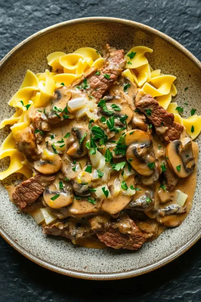 Beef stroganoff crockpot freezer meal - the image is a close-up of a dish in a bowl. the dish appears to be a beef stroganoff, with chunks of beef, mushrooms, and onions mixed in with a creamy sauce. the beef is cooked medium-rare and the mushrooms are sliced and arranged in a circular pattern. the sauce is a light brown color and is drizzled over the top of the beef. the noodles are long and thin, and the dish is garnished with chopped parsley. the bowl is sitting on a dark grey countertop.