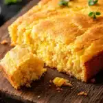Bread to go with chili - the image shows a freshly baked cornbread on a wooden cutting board. the cornbread is golden brown in color and has a crumbly texture. it is garnished with fresh herbs, likely parsley or thyme. a slice of the cornbread has been cut in half, revealing the soft, fluffy interior. the cutting board is placed on a gray cloth napkin, and there is a white bowl in the background. the overall mood of the image is rustic and homey.