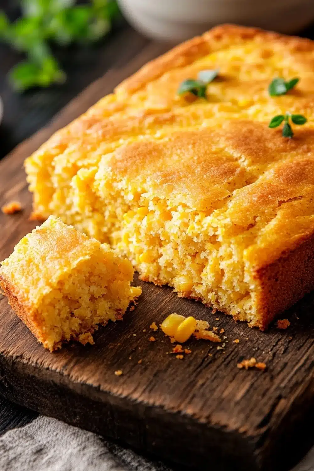 Bread to go with chili - the image shows a freshly baked cornbread on a wooden cutting board. the cornbread is golden brown in color and has a crumbly texture. it is garnished with fresh herbs, likely parsley or thyme. a slice of the cornbread has been cut in half, revealing the soft, fluffy interior. the cutting board is placed on a gray cloth napkin, and there is a white bowl in the background. the overall mood of the image is rustic and homey.