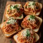 Bread with spaghetti - the image shows a wooden cutting board with six pieces of bread on it. the bread appears to be toasted and has a golden brown crust. on top of the bread, there is a generous amount of spaghetti covered in tomato sauce and topped with grated parmesan cheese. the spaghetti is cooked al dente and is garnished with chopped parsley. the background is a rustic wooden table with a few sprigs of parsley scattered around. the overall mood of the image is appetizing and inviting.