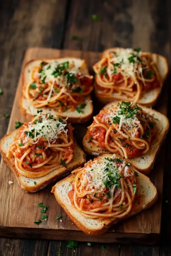 Bread with spaghetti - the image shows a wooden cutting board with six pieces of bread on it. the bread appears to be toasted and has a golden brown crust. on top of the bread, there is a generous amount of spaghetti covered in tomato sauce and topped with grated parmesan cheese. the spaghetti is cooked al dente and is garnished with chopped parsley. the background is a rustic wooden table with a few sprigs of parsley scattered around. the overall mood of the image is appetizing and inviting.
