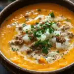 Butternut squash soup ground turkey - the image is a close-up of a bowl of soup. the soup appears to be orange in color and has a smooth texture. it is topped with chunks of ground beef, diced onions, and chopped parsley. the bowl is made of dark brown ceramic and is sitting on a dark wooden table. there are a few sprigs of parsley scattered around the bowl. the background is blurred, but it seems to be a rustic kitchen countertop.