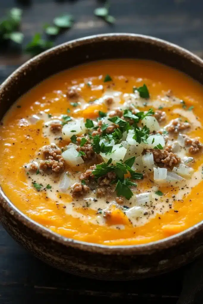 Butternut squash soup ground turkey - the image is a close-up of a bowl of soup. the soup appears to be orange in color and has a smooth texture. it is topped with chunks of ground beef, diced onions, and chopped parsley. the bowl is made of dark brown ceramic and is sitting on a dark wooden table. there are a few sprigs of parsley scattered around the bowl. the background is blurred, but it seems to be a rustic kitchen countertop.